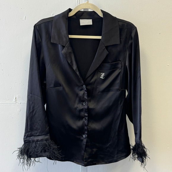 Juicy Couture Est. Los Angeles Tops - Juicy Couture Black Satin Feather Trim Pajama Top Rhinestone JC Logo Mens Small